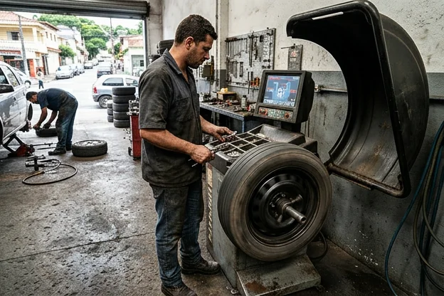Máquina de balanceamento de rodas utilizada em Embu das Artes.