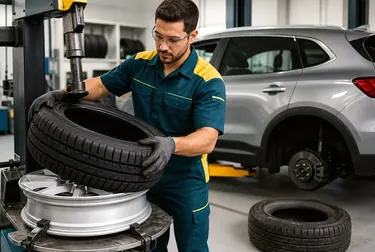 Mecânico substituindo um pneu de carro em uma borracharia em Embu das Artes.