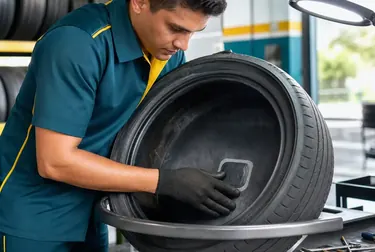 Profissional ajustando um pneu em uma borracharia em Embu das Artes.