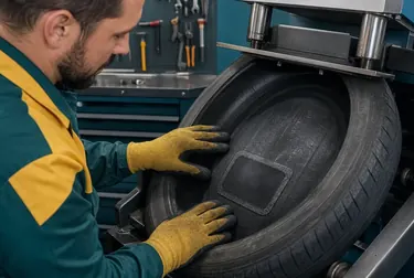 Técnico aplicando vulcanização em um pneu na borracharia em Embu das Artes.